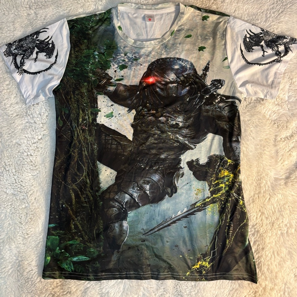 Predator Alien Hunter on green and white graphic tee